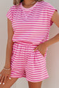Pink Stripe Cap Sleeve Tee Elastic Waist Shorts 2pcs Outfit