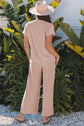 Blue Solid Corded Knit Short Sleeve T Shirt and Wide Leg Pants Set