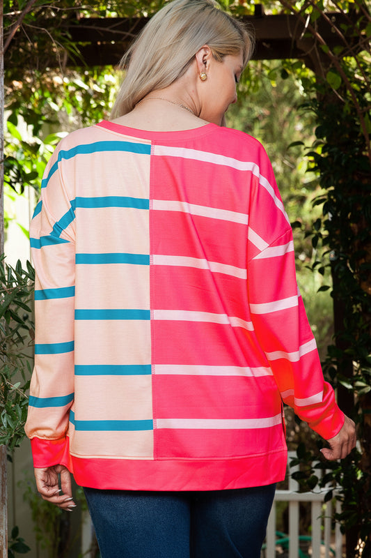 Rose Stripe Color Block Crewneck Long Sleeve Plus Size T Shirt