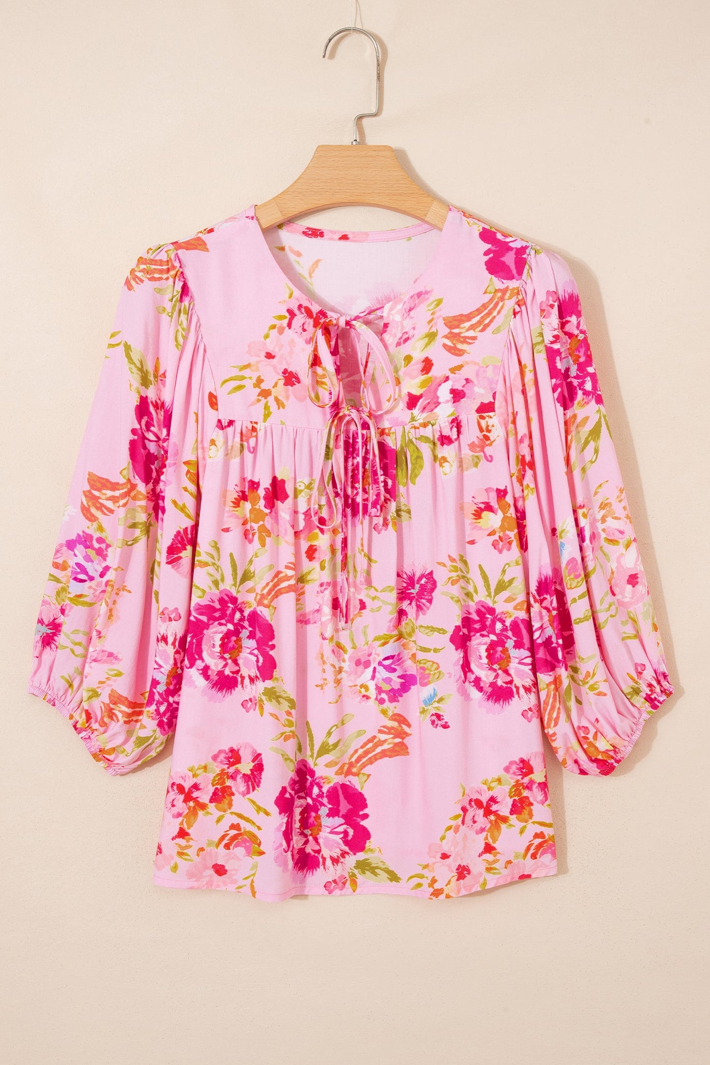 Floral Tie Neck 3/4 Puff Sleeve Blouse