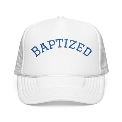 Baptized Foam Trucker Hat — Navy Mesh Christian Cap