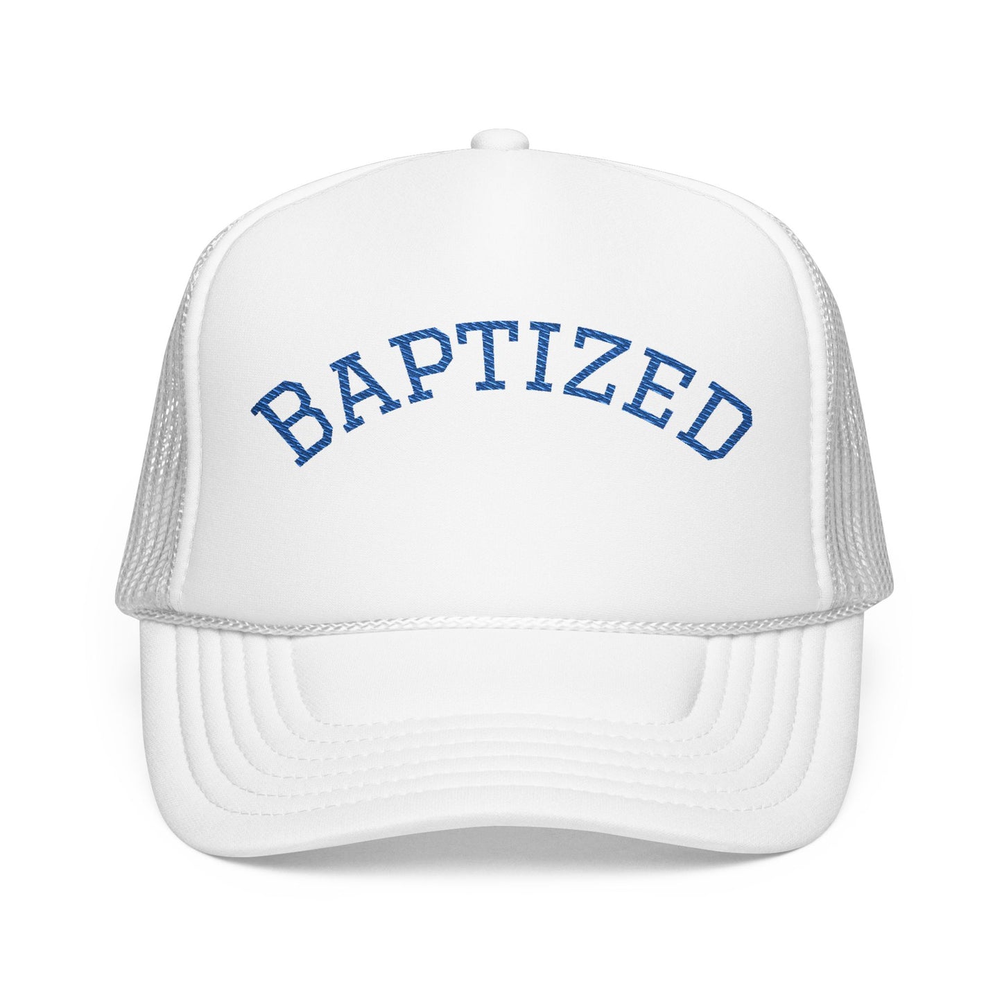 Baptized Foam Trucker Hat — Navy Mesh Christian Cap