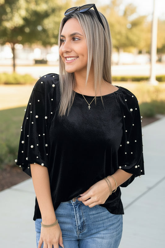 Black Pearl Beaded Half Sleeve Velvet Top