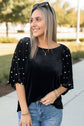 Black Pearl Beaded Half Sleeve Velvet Top