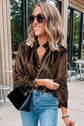 Navy Blue Frilled Neck Buttoned Front Velvet Top
