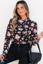 Black Floral Mesh Mock Neck Long Sleeve Slim Fit Top