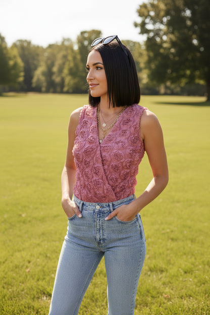 Heather Floral Textured V Neck Wrapped Sleeveless Bodysuit