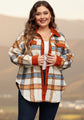 Brown Stripe Plus Size Plaid Print Collared Buttoned Jacket
