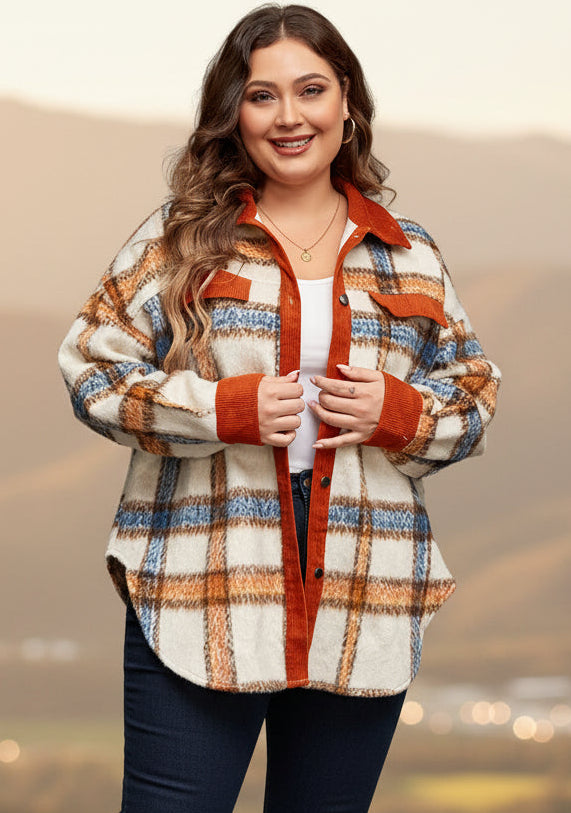Brown Stripe Plus Size Plaid Print Collared Buttoned Jacket