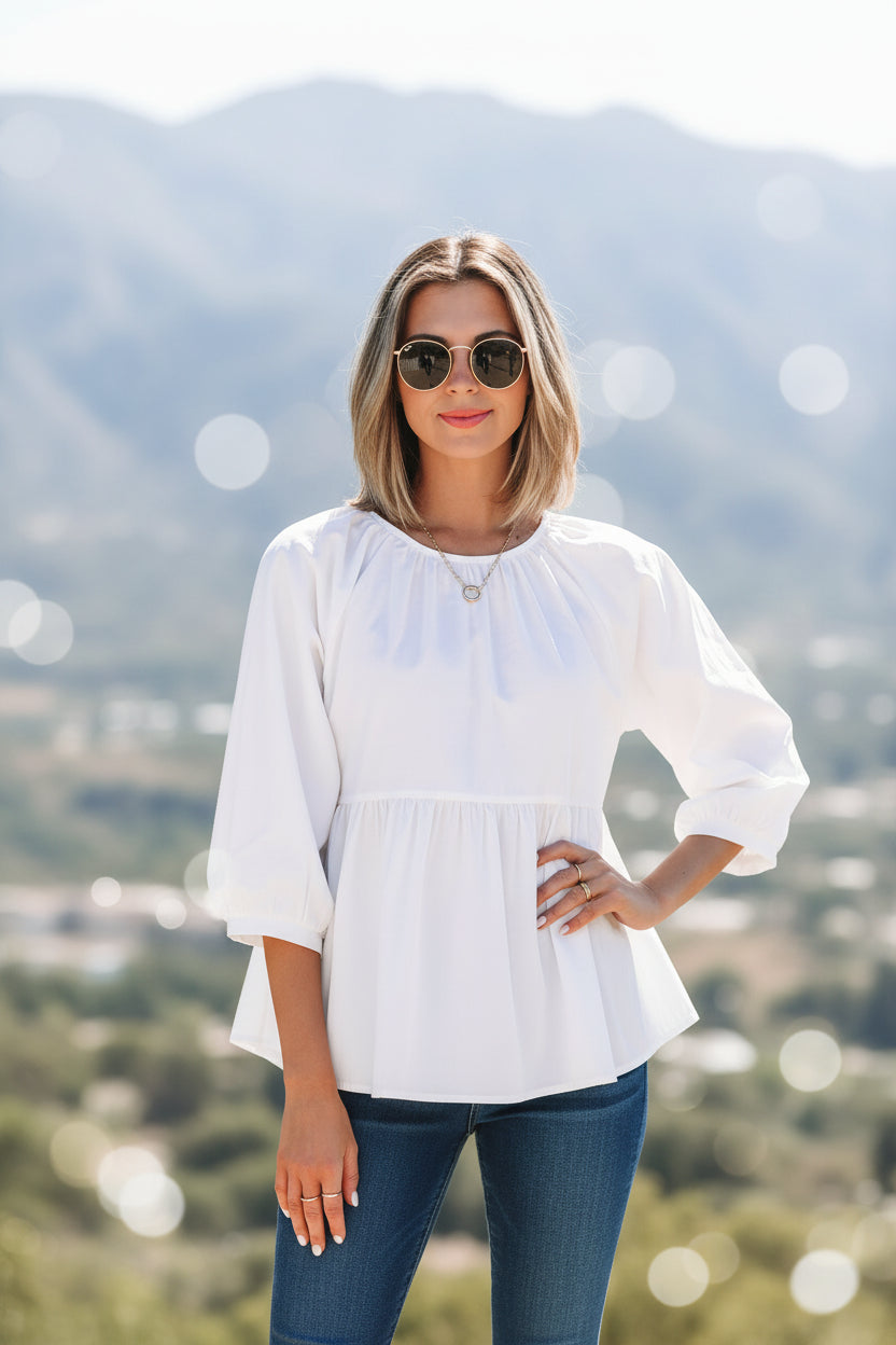 White Bow Knot Cutout Back Loose Fit 3/4 Sleeve Blouse