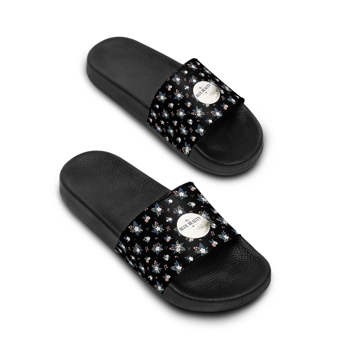 Floral Black Slide Sandals — LOGO Accent