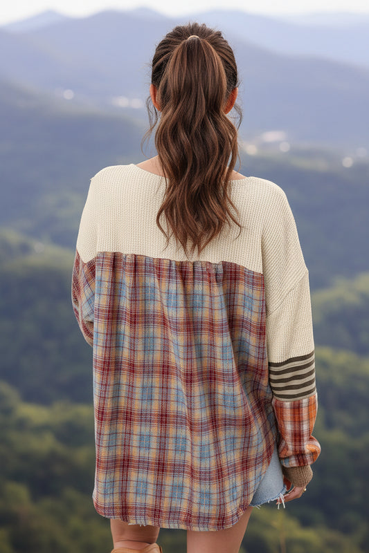 Straw Yellow Waffle Stripe Plaid Patchwork Henley Knit Top