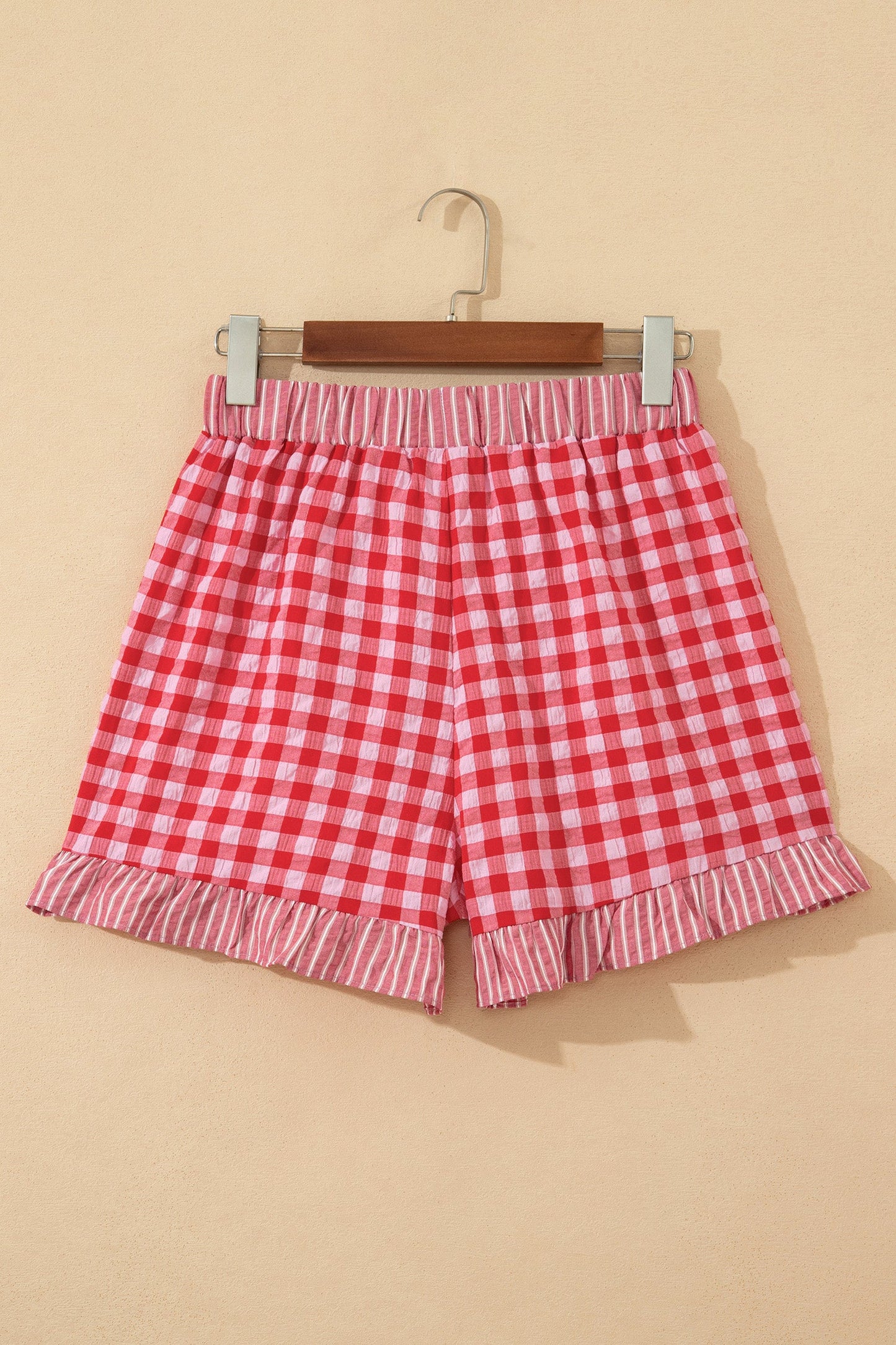 Gingham Ruffle Stripe Patchwork Lace Tie Shorts