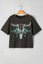 Carbon Grey Vintage Western Bull Head Skull Turquoise Aztec Graphic T Shirt