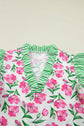 Floral Stripe Ruffle Trim V-Neck Blouse