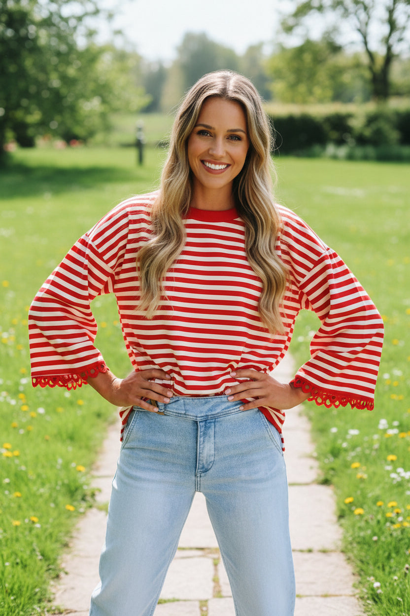 Stripe Lace Trim 3/4 Sleeve Top