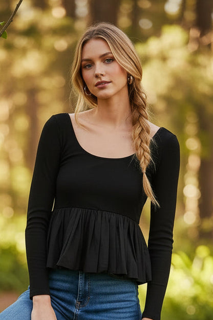 Black Ribbed Knit Long Sleeve Scoop Neck Peplum Patchwork Top