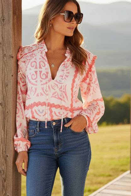 Desert Flower Vintage Print Smocked Poet Collar Billowy Blouson Sleeves Blouse