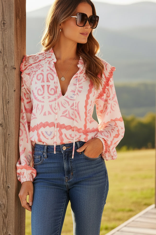 Desert Flower Vintage Print Smocked Poet Collar Billowy Blouson Sleeves Blouse