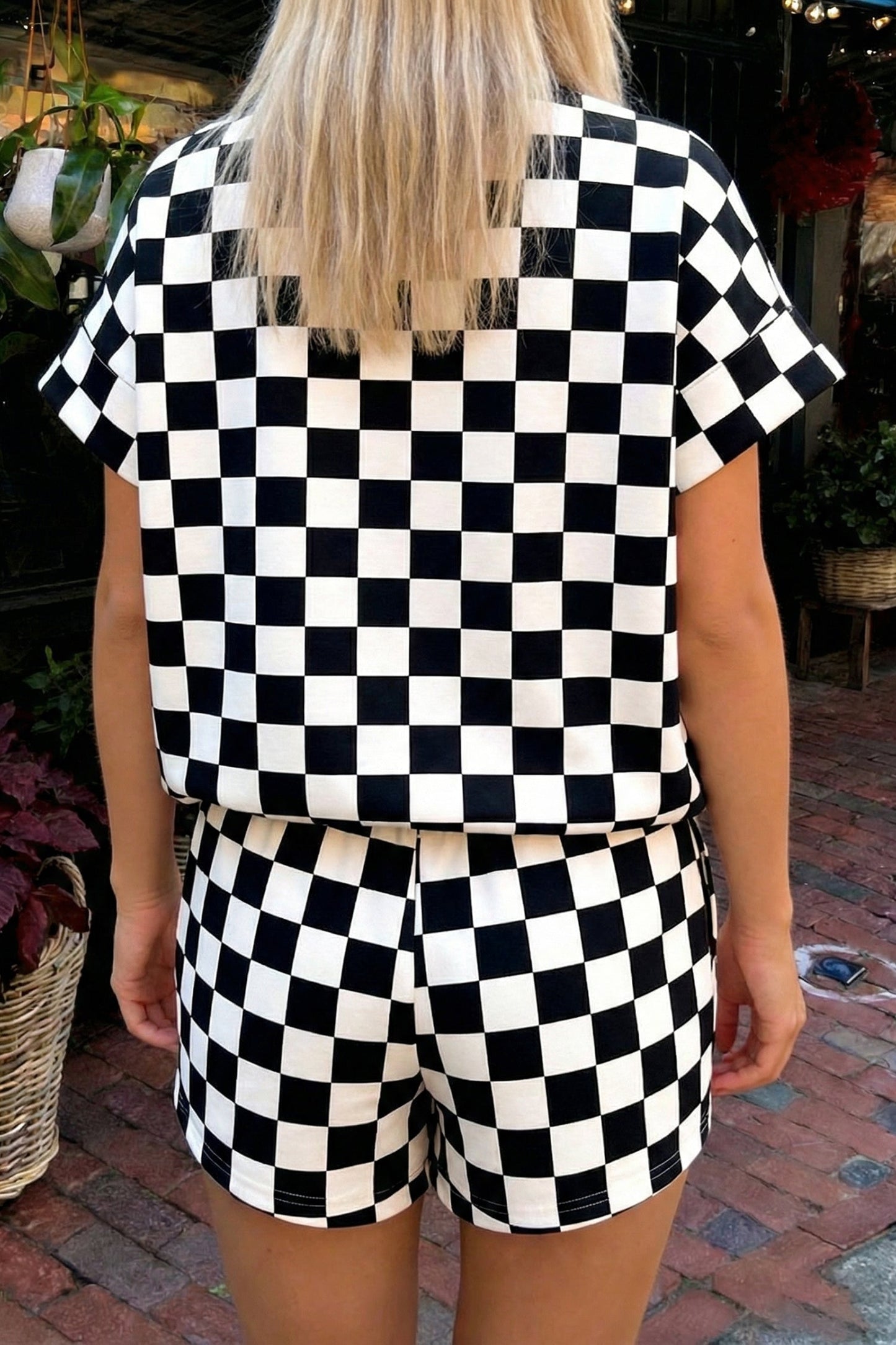 Checker Colorblock Mock Neck Top & Short Set