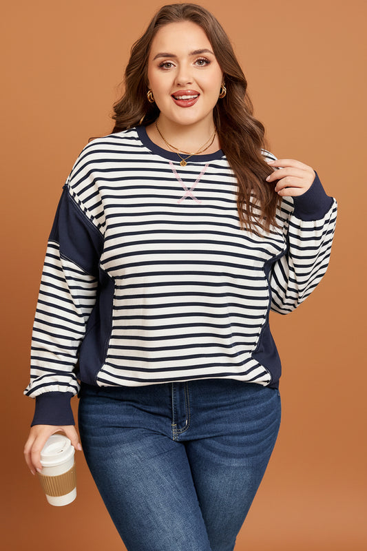 Plus Size Stripe Colorblock Patchwork Long Sleeve Sweatshirt