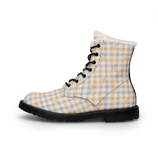 Plaid Fur-Lined Leather Boots — Women's Cozy Winter Lace-Up Boots