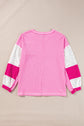 Bonbon Lace Floral Patchwork Sleeve Stitching V Neck Rib Knit Blouse