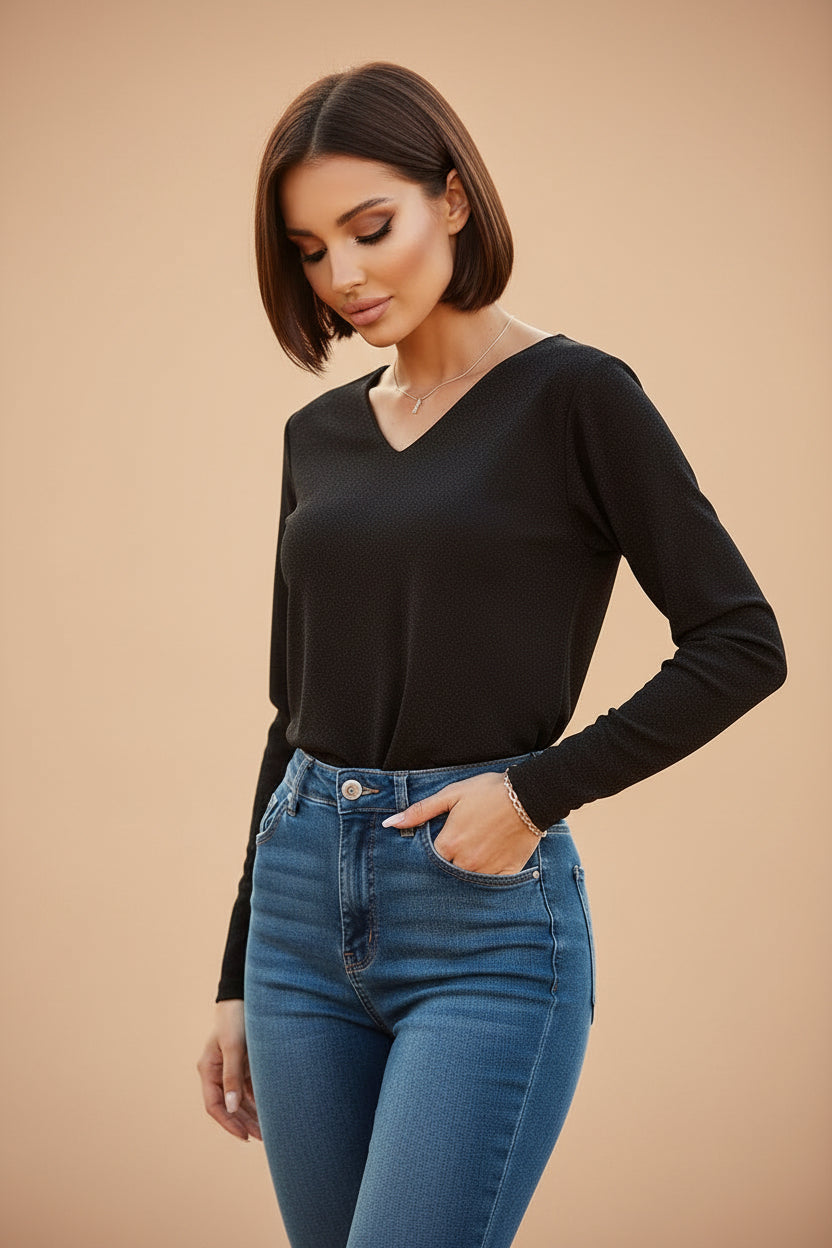 Black Metallic Bowknot Open Back V Neck Top