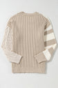 Khaki Cable Knit Colorblock Crew Neck Drop Shoulder Sweater