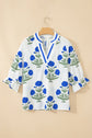 Flower Contrast V-Neck 3/4 Sleeve Blouse
