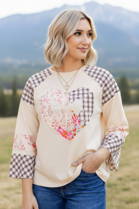Beige Plaid Floral Peace Heart Graphic Wide Long Sleeve Top