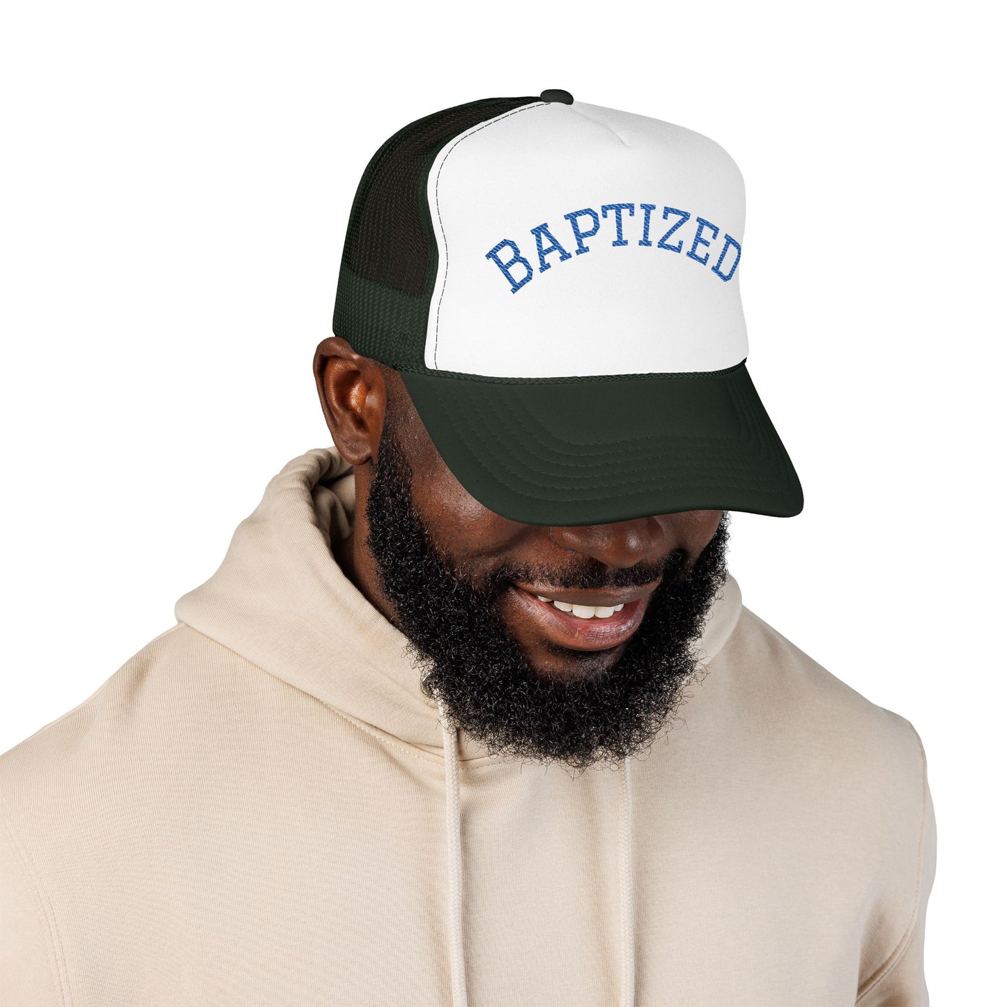 Baptized Foam Trucker Hat — Navy Mesh Christian Cap