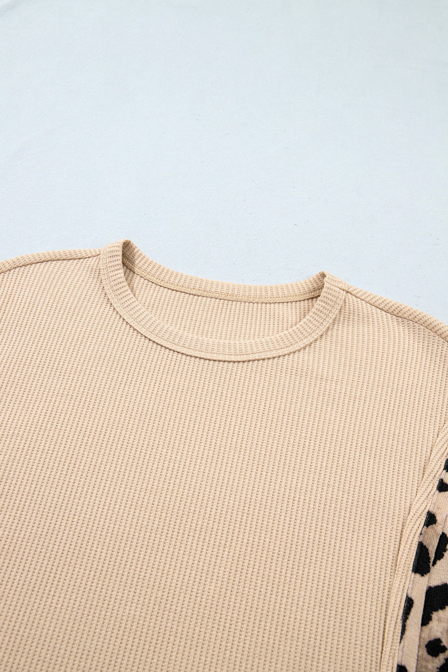Leopard Ribbed Trim Waffle Knit Split Hem Sweater