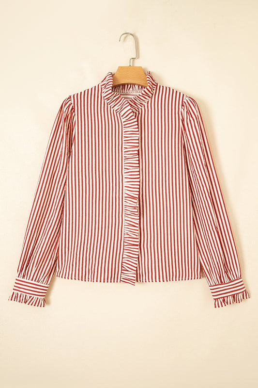 Stripe Textured Ruffle Trim Button-Up Long Sleeve Shirt