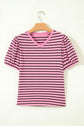 Stripe Ribbed Trim V-Neck Puff Sleeve Top
