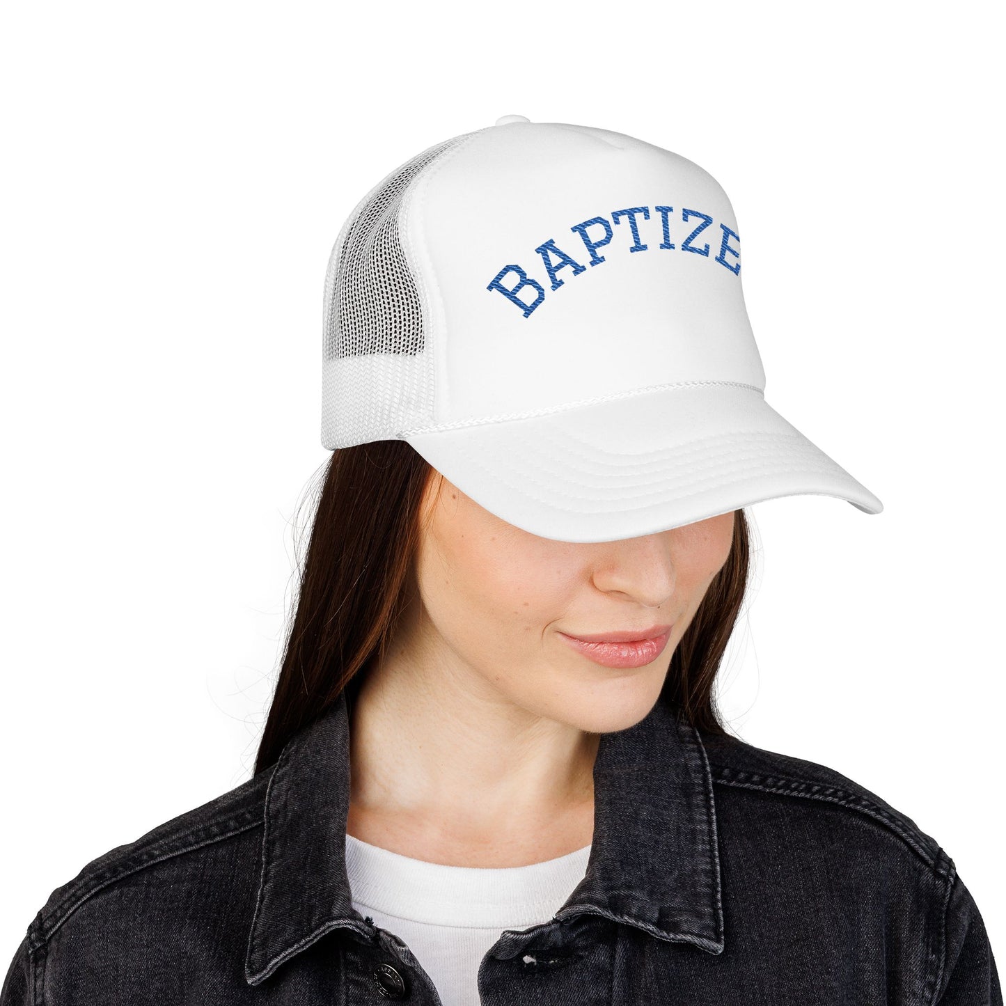 Baptized Foam Trucker Hat — Navy Christian Faith Baseball Cap