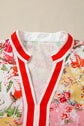 Floral Contrast Collared V-Neck Short Sleeve Blouse