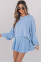 Sky Blue Corded Lantern Sleeve Top High Waist Ruffled Mini Skort Set