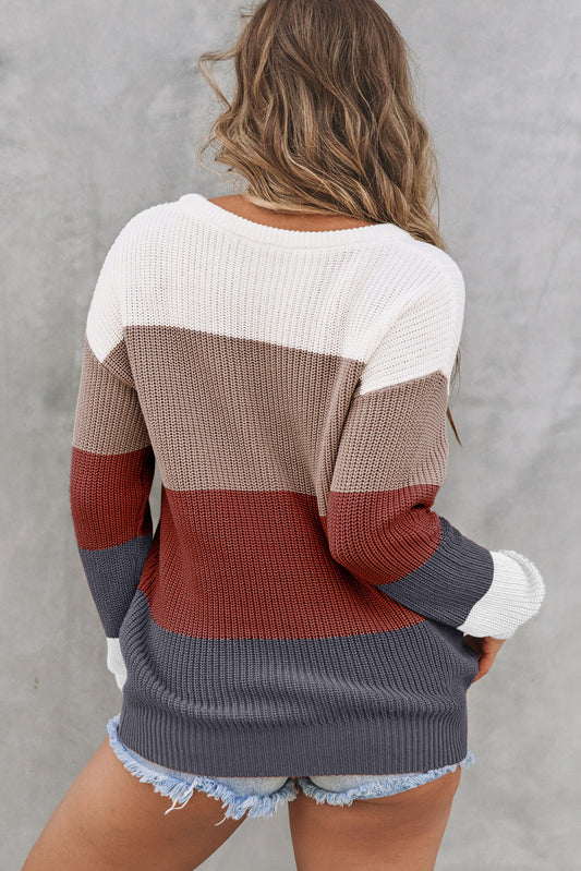 Colorblock Stripe Round Neck Pullover Sweater