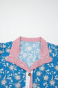 Floral Stripe Trim Button Neck Short Sleeve Blouse