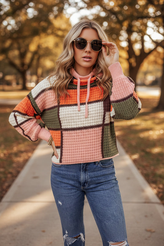 Orange Color Block Waffle Knit Drawstring Mock Neck Sweater