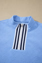 Stripe Trim Split Neck Puff Sleeve Textured Top