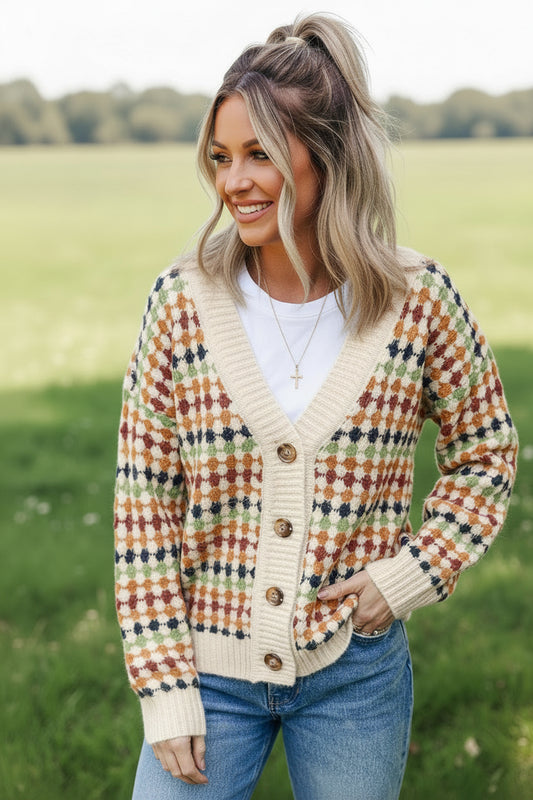 Multicolour Dotty Pattern Knit Button Front V Neck Sweater Cardigan
