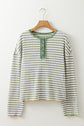Sky Blue Stripe Textured Frilly Trim Buttons Henley Long Sleeve Top
