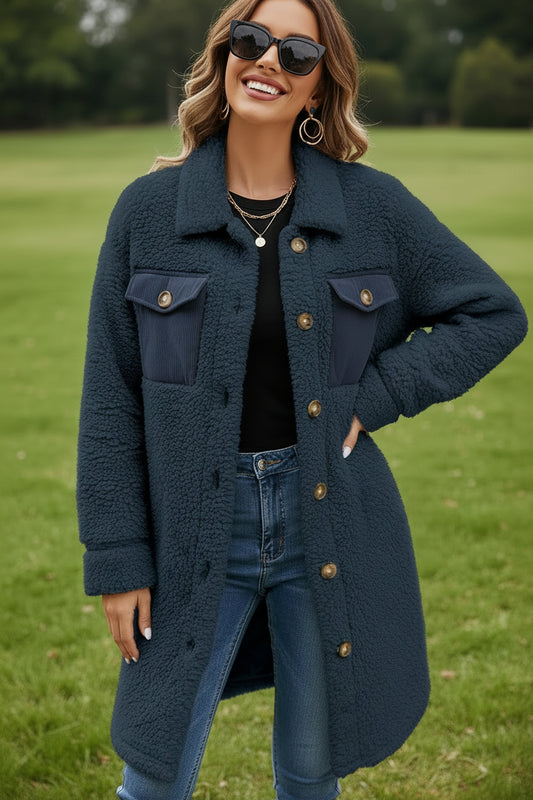 Blue Contrast Flap Pocket Single Breasted Teddy Coat