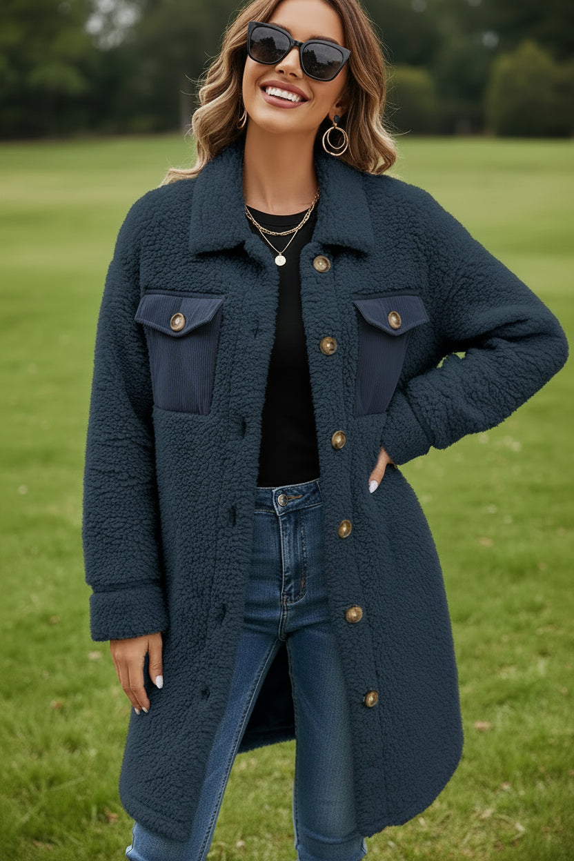 Blue Contrast Flap Pocket Single Breasted Teddy Coat