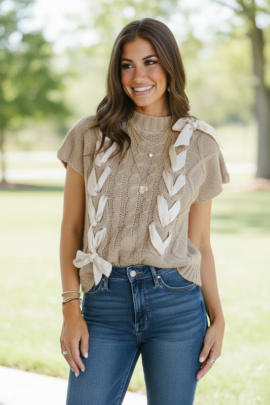 Simply Taupe Cable Knit Colorblock Satin Bowknot Short Sleeve Sweater