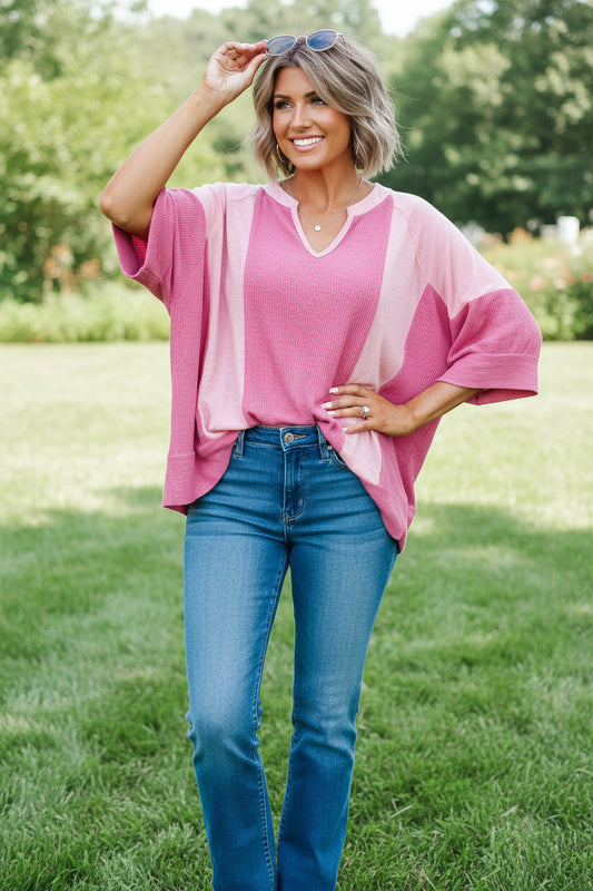 Bright Pink Textured Colorblock 3/4 Sleeve Oversize Top