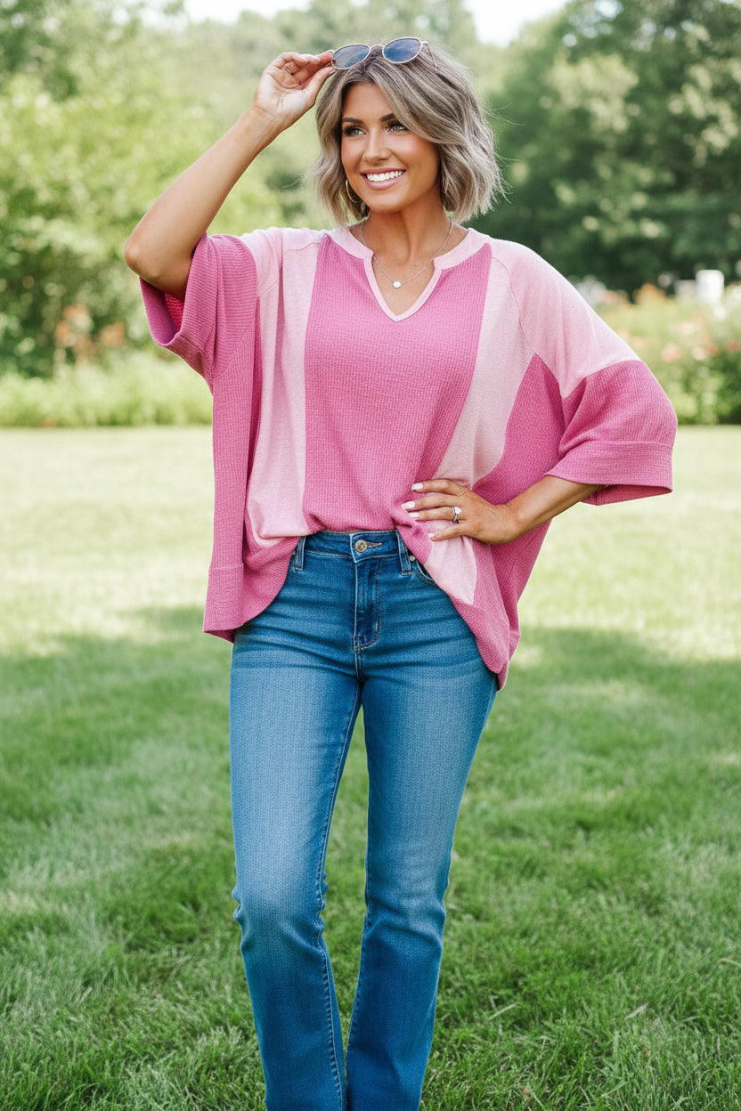 Bright Pink Textured Colorblock 3/4 Sleeve Oversize Top