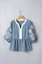 Floral Embroidered Colorblock Puff Sleeve Babydoll Blouse